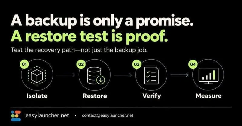 A backup is only a promise. A restore test is proof: 01 Isolate, 02 Restore, 03 Verify, 04 Measure